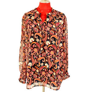 Loft Boho Peasant Style Blouse Size XL Sheer Multicolor Mod Paisley Casual Top